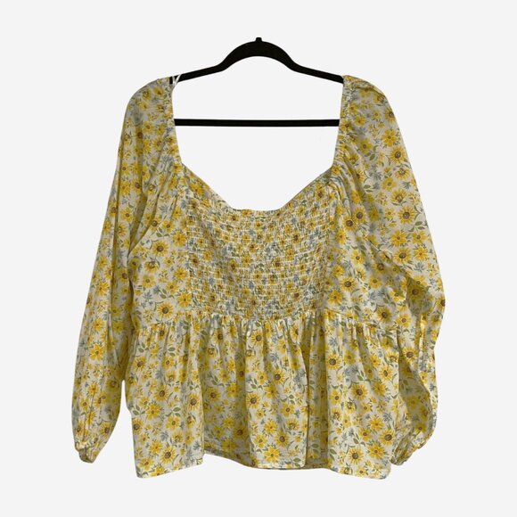 Old Navy Blouse Sweetheart Neck Babydoll Long Sleeves Smocking Yellow Floral 3X - Picture 2 of 10